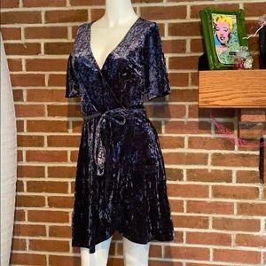 Navy blue velvet wrap dress w/ flutter sleeve